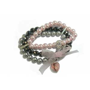 Swarovski Pearl and Crystal Bracelet - 3 Strand (Black, Pink and Grey)